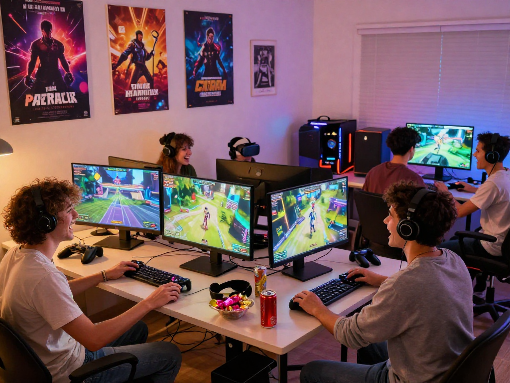 Group enjoying interactive porngames in a lively gaming room filled with laughter and vibrant decor.