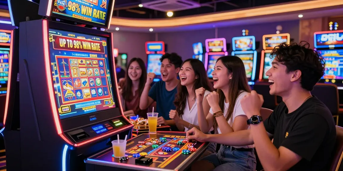 Gaming enthusiasts celebrating at oppa86 situs with modern slot machines and vibrant casino decor.