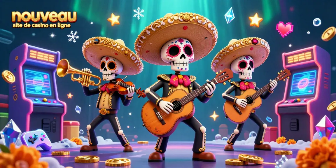 Le nouveau site de casino en ligne présente une scène dynamique avec une bande de mariachi squelettique entourée d'appareils de jeu colorés.