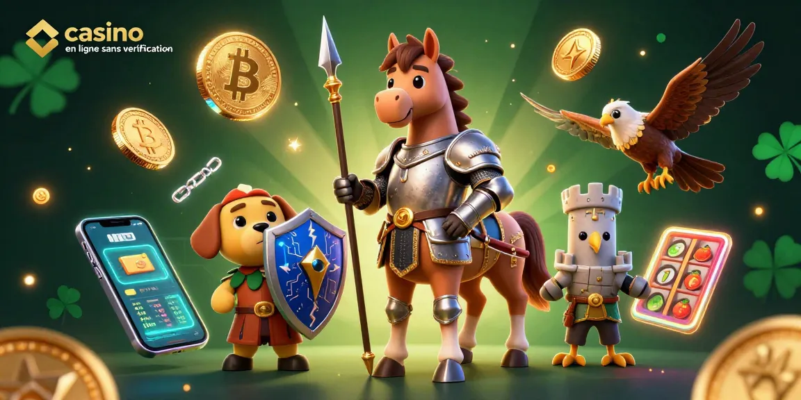 Illustration dynamique représentant un casino en ligne sans vérification avec un chevalier médiéval, un chiot et un faucon, entourés de pièces de crypto-monnaies.
