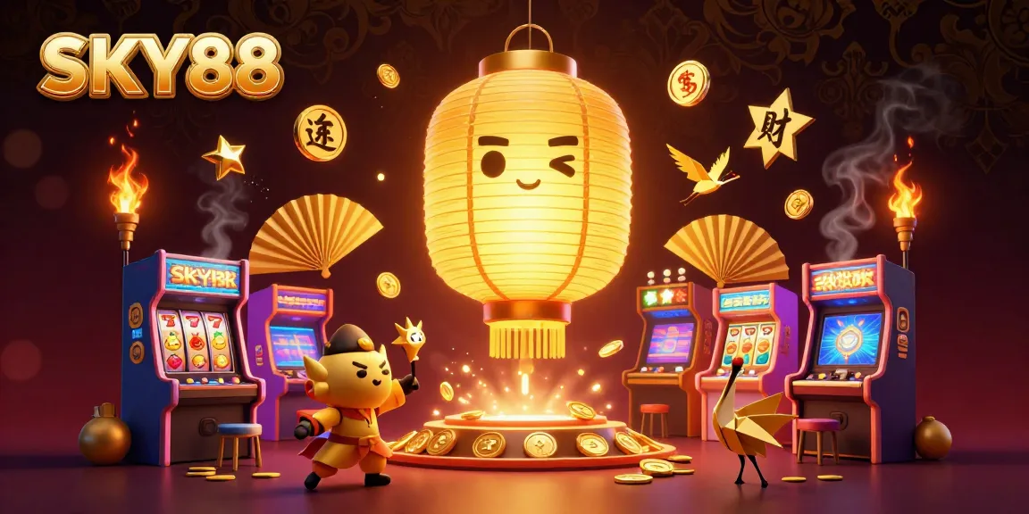 Experience the excitement of SKY88 with vibrant casinos and captivating games in this stunning 3D illustration.