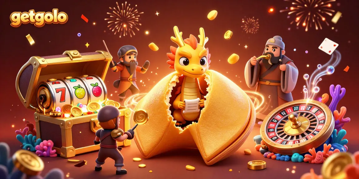 Bet big with getgolo as the golden fortune cookie reveals lucky gaming secrets in a vibrant casino scene.