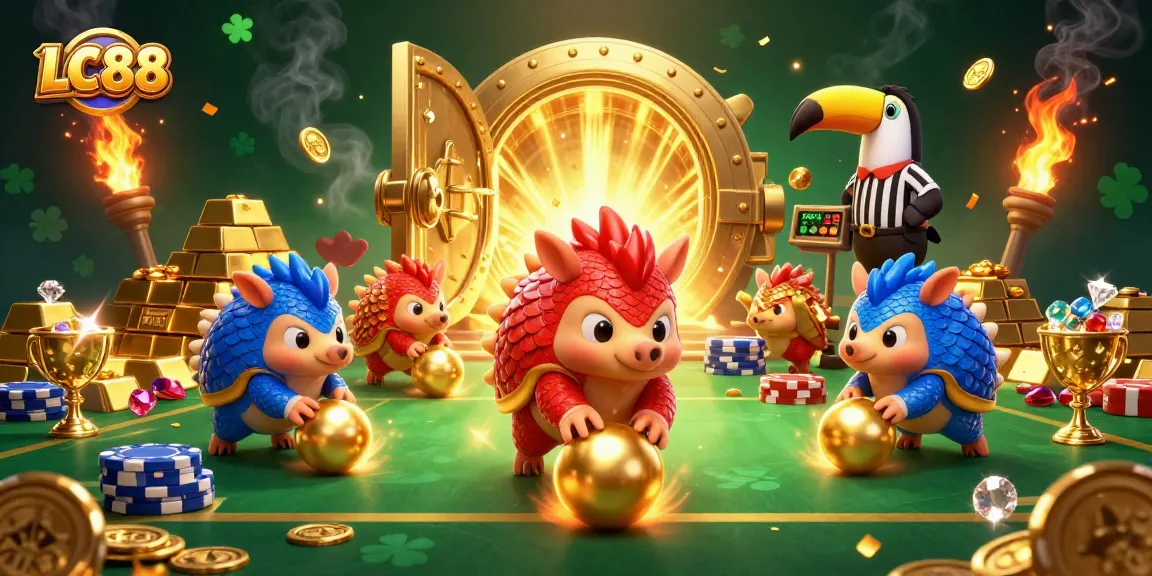 Play at LC88 with dynamic pangolins competing in a vibrant casino scene filled with treasures.