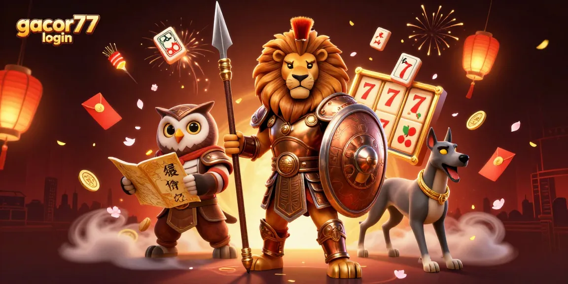 Engage with gacor77 login in a vibrant casino scene featuring a Spartan lion, tactical owl, and greyhound.
