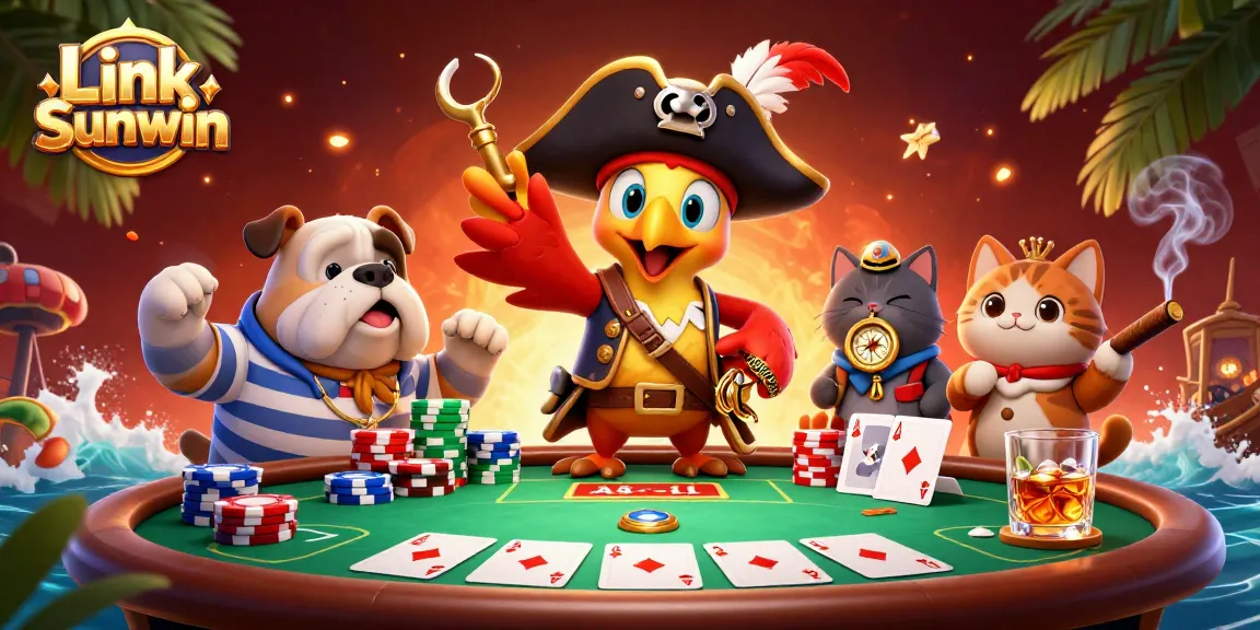 Experience the thrill of poker at Link Sunwin, featuring animated characters and vibrant casino elements.