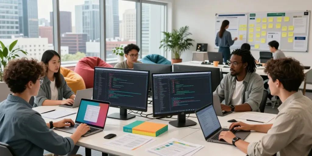 Collaborative developers working in a vibrant office at h5.2113.net, showcasing coding tasks and teamwork.