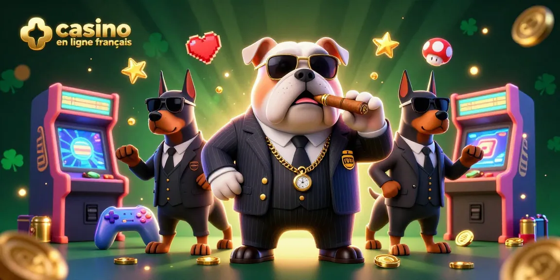 Visualisez le monde du casino en ligne français avec une illustration de bulldog mafieux et ses gardes du corps.