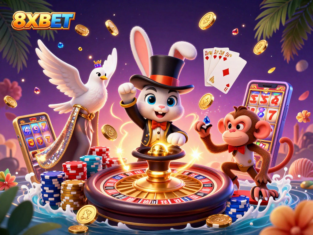 Experience the thrill of winning with 8XBET featuring a magician rabbit and vibrant casino elements.