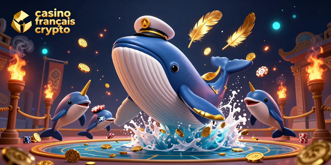 Découvrez une scène dynamique de casino français crypto avec des personnages colorés parmi des pièces d'or et des éléments de jeu excitants.