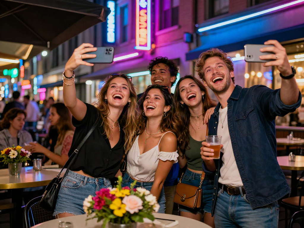 Group of friends enjoying nightlife while discovering their celebrity look alike in a vibrant urban setting.