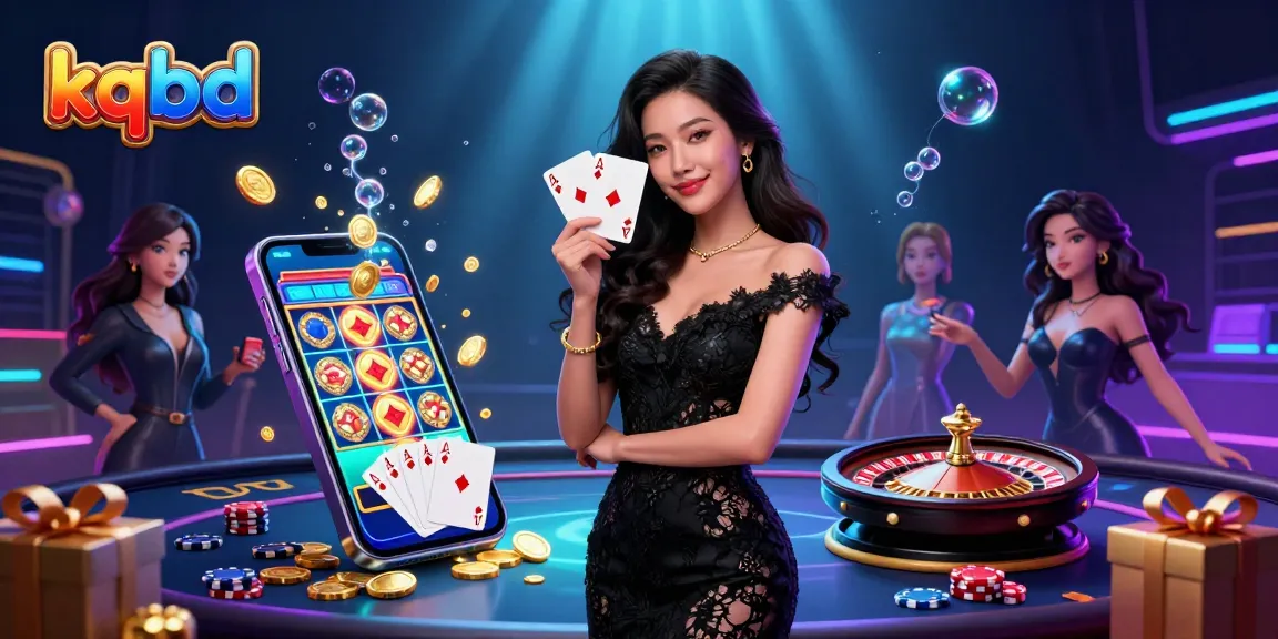 Experience kqbd with an elegant woman holding cards amidst dynamic casino elements.