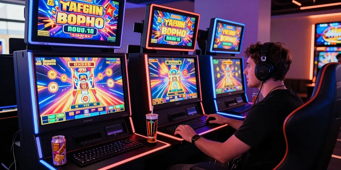 Player enjoying an exciting slot game session on dual screens, vibrant graphics and ambient lighting.