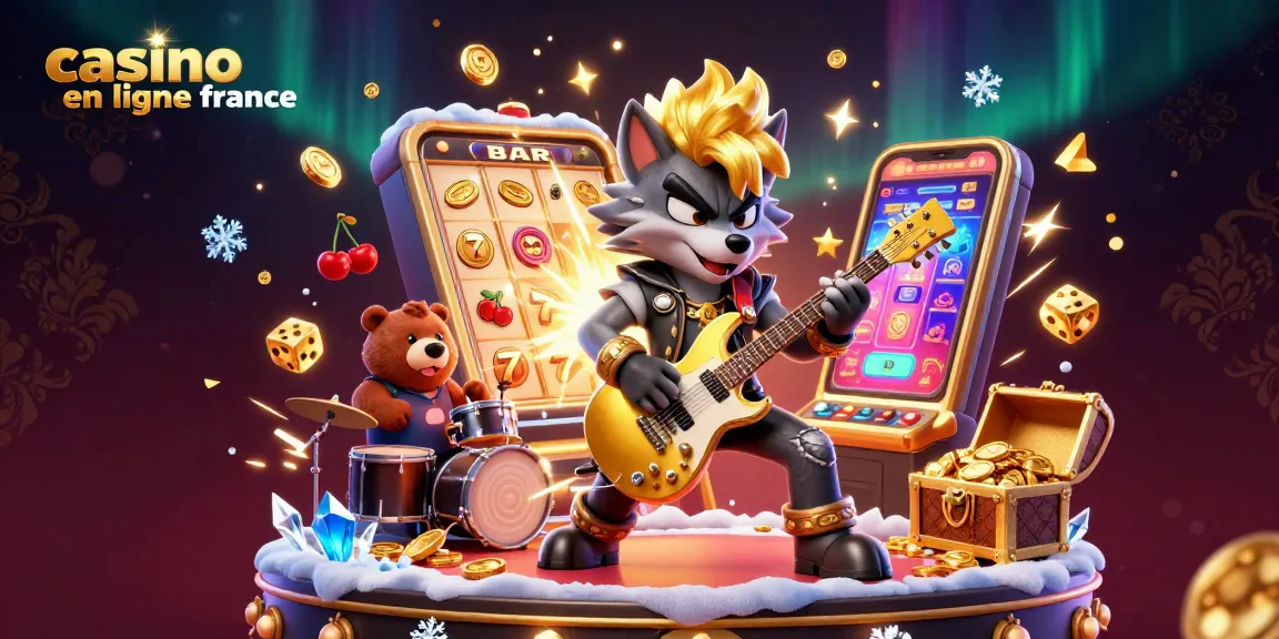 Experience thrills at casino en ligne france with vibrant 3D illustration of a cartoon wolf and bear rocking the stage.