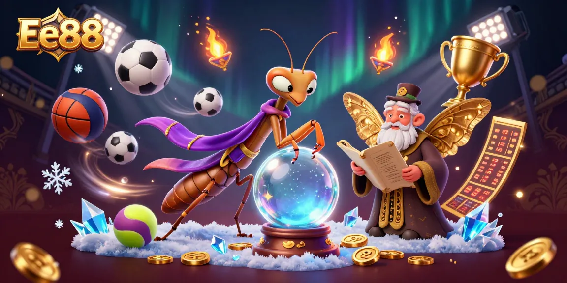Engage in thrilling gambling at Ee88 with a vibrant 3D scene showcasing fortune teller and sports betting elements.