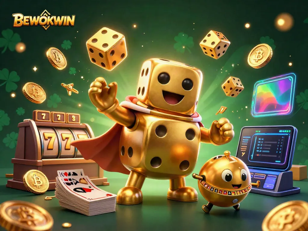 Permainan slot BEWOKWIN dengan dadu emas dan elemen crypto yang menarik bagi para pemain.