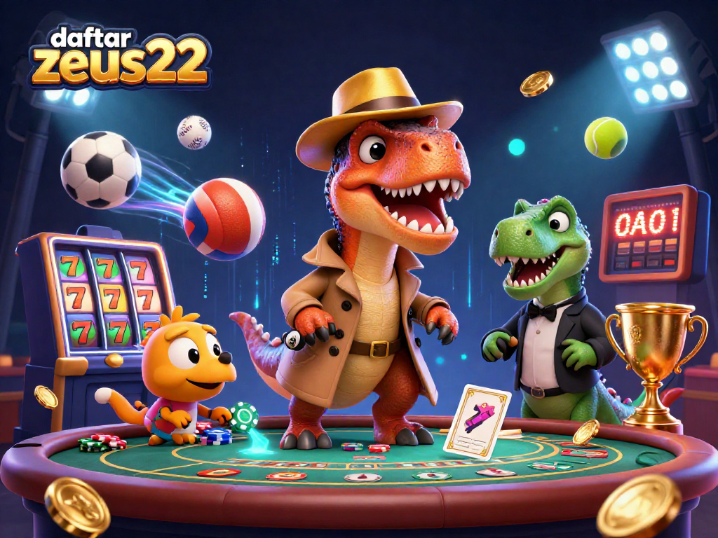 Experience excitement with daftar zeus222 while a cartoony velociraptor tries to blend in at a casino.
