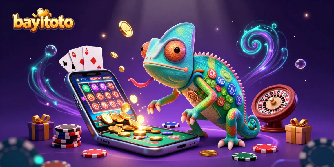 BAYITOTO captures thrilling casino excitement with an enormous chameleon owner, vibrant slot game, and golden coins.