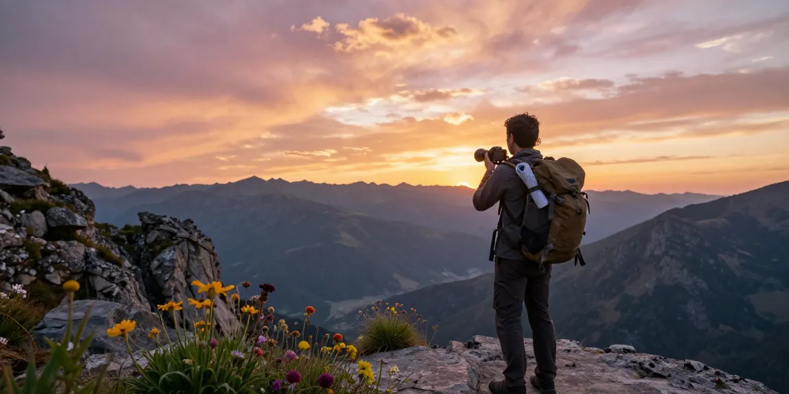 Traveler at sunset viewpoint, ready to visit website for travel inspiration