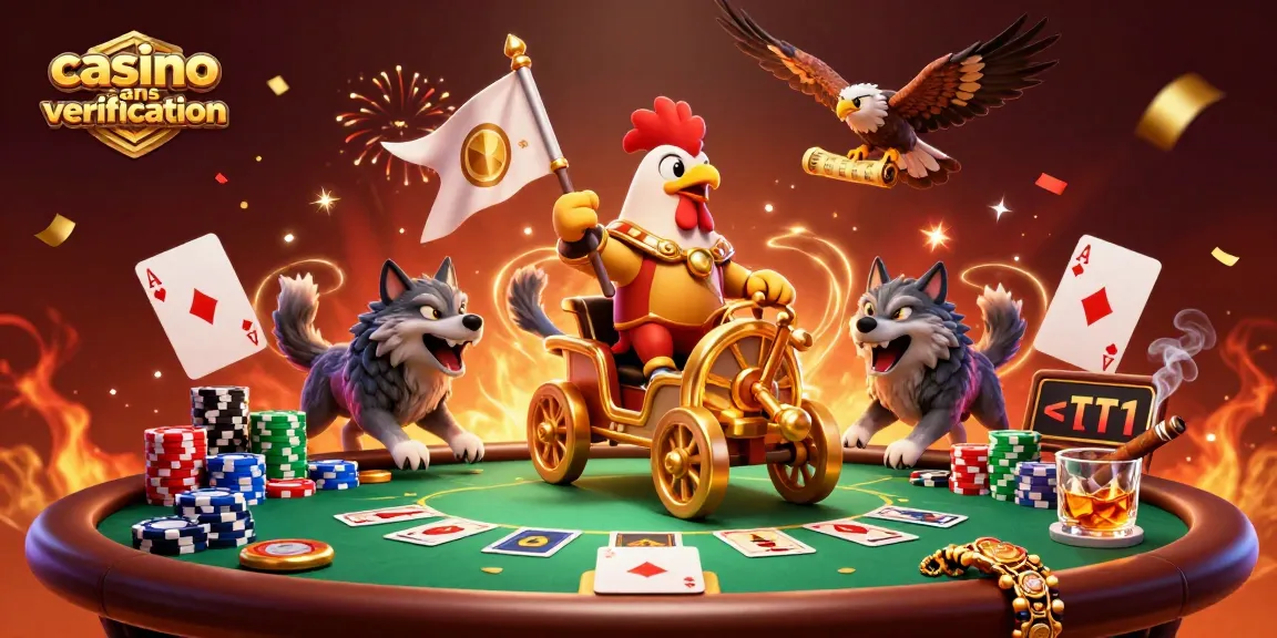 Illustration dynamique de "casino sans vérification" avec un seigneur coq en chars en or et des jeux de poker.