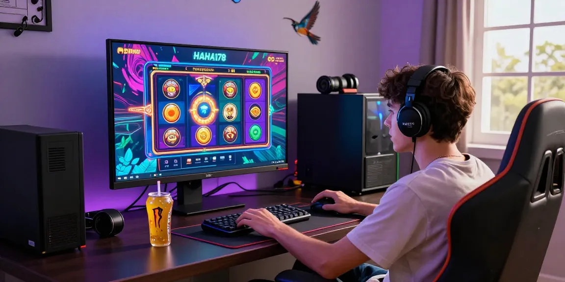 Engaging site HAHA178 showcasing vibrant slot games, user-focused environment with gaming paraphernalia.