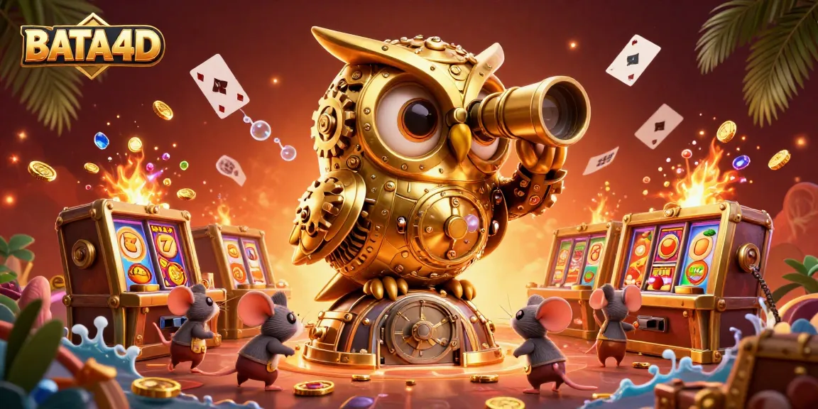 BATA4D showcases a vibrant online casino scene with a golden owl and lively slot machines.