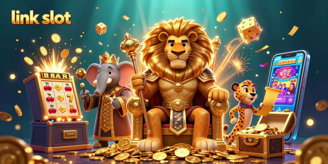 Engage with link slot through this vibrant 3D casino scene featuring a lion king and slot machines.