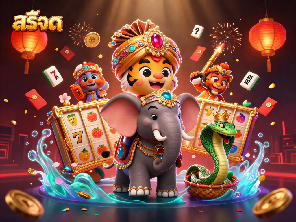 Experience thrilling สล็อต gaming with a maharaja tiger, jewel elephant, and vibrant casino elements.