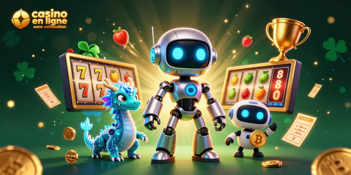 Plongez dans l'univers des jeux avec notre illustration de casino en ligne sans vérification, où un robot futuriste et un dragon holographique s'épanouissent.