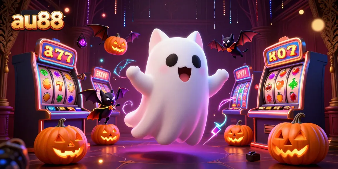 Play exciting slots with au88, featuring a friendly ghost cat and spooky casino vibes.