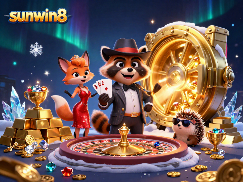 Experience the thrill of sunwin8 with 3D cartoon raccoon holding a royal flush amidst casino action.