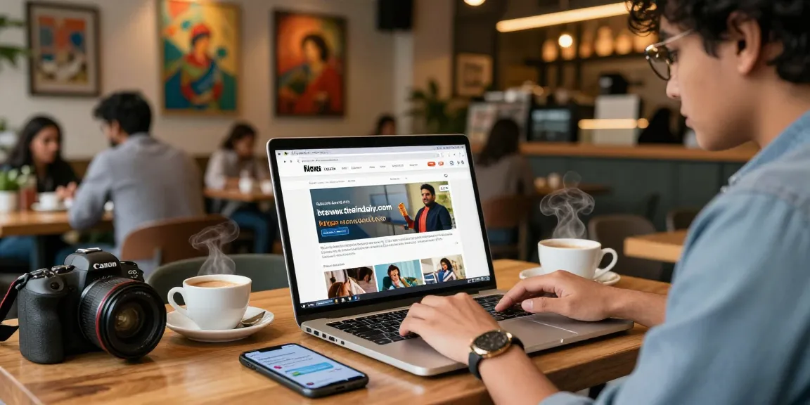 Engaged reader at café exploring news updates on https://www.theindaily.com, showcasing the blend of technology and urban lifestyle.