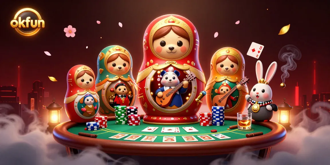 Play with okfun in this vibrant online casino scene showcasing exciting poker elements and characters.