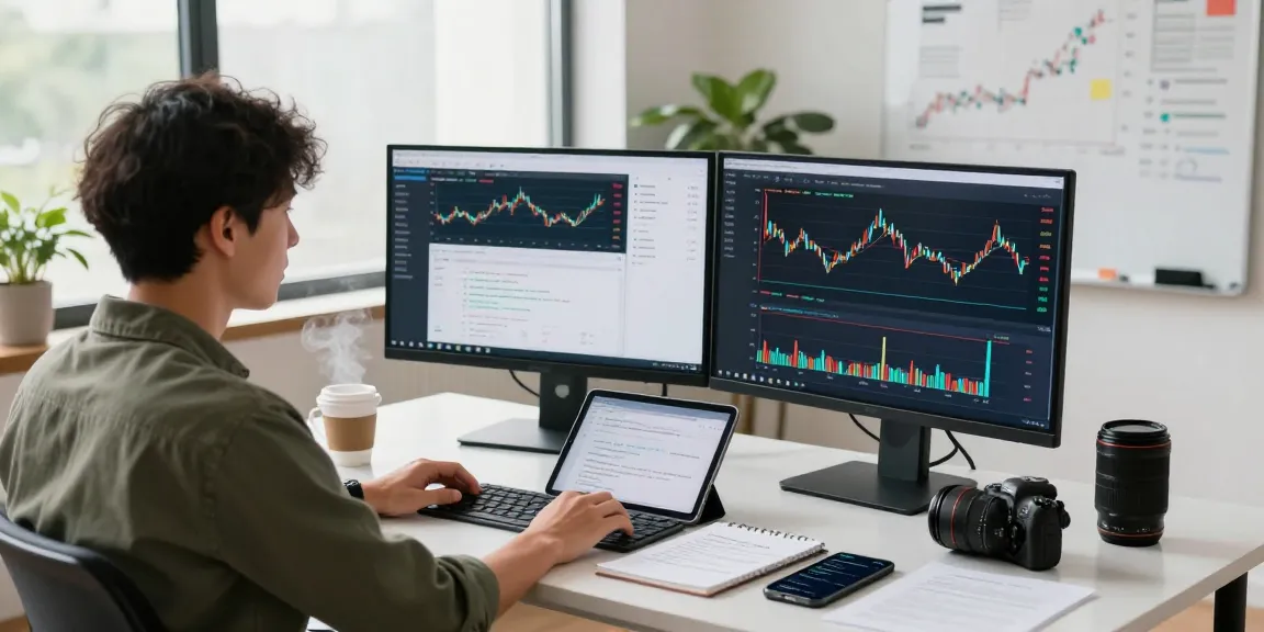 Real-time Forex API workspace featuring a developer analyzing spot gold real-time API trends with dual monitors and financial charts.