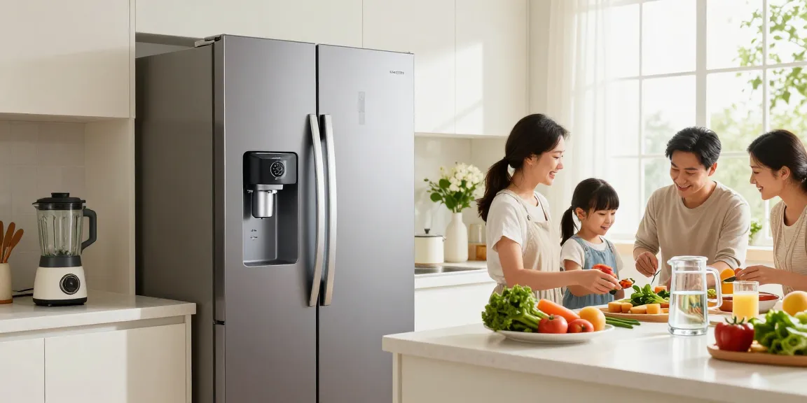 AQUACREST DW2042FR-09 Refrigerator Water Filter enhancing family meal prep with fresh filtered water in a bright kitchen.