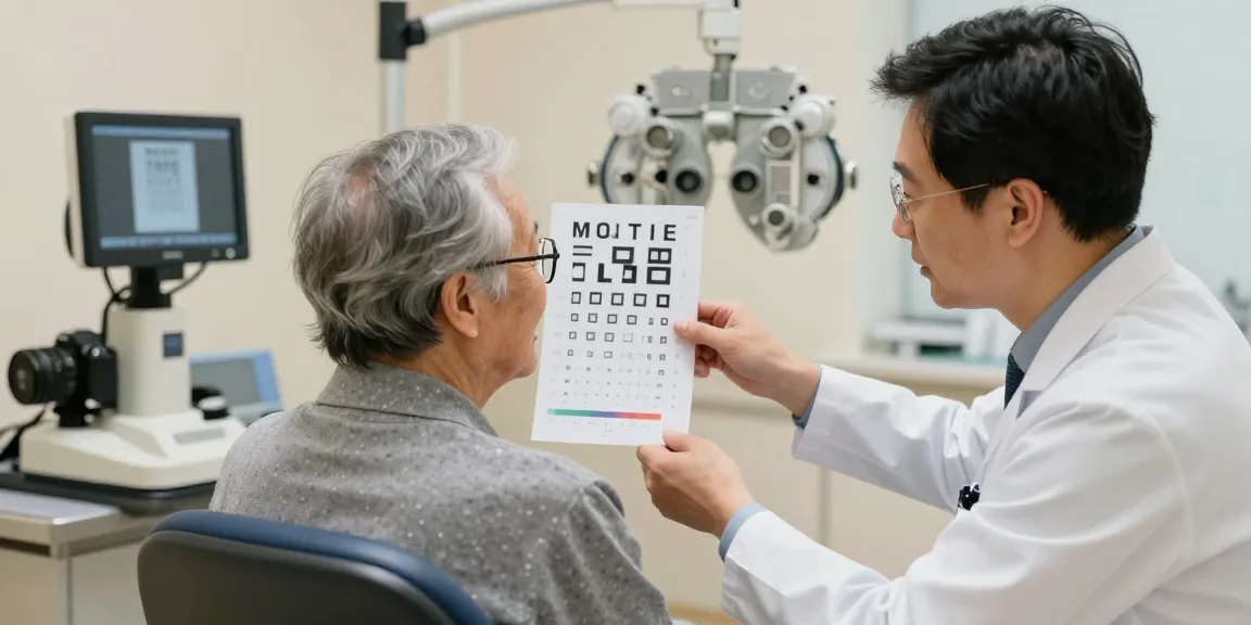Patient engaged in 黄斑病變檢查 with Amsler grid test in ophthalmology clinic.