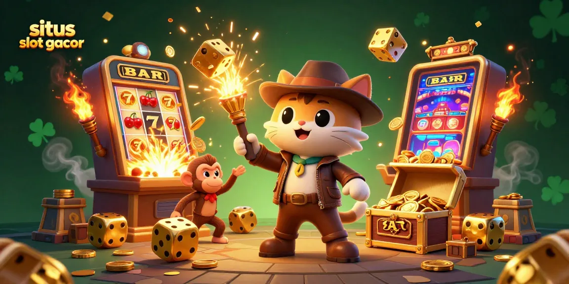 Engage with situs slot gacor through a vibrant illustration of an explorer cat at a casino artifact.