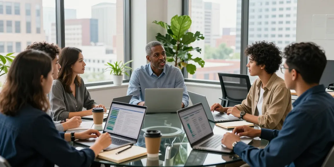 Bradley Robinson Alabama leading a collaborative meeting with diverse young professionals in a modern office setting, showcasing innovation.