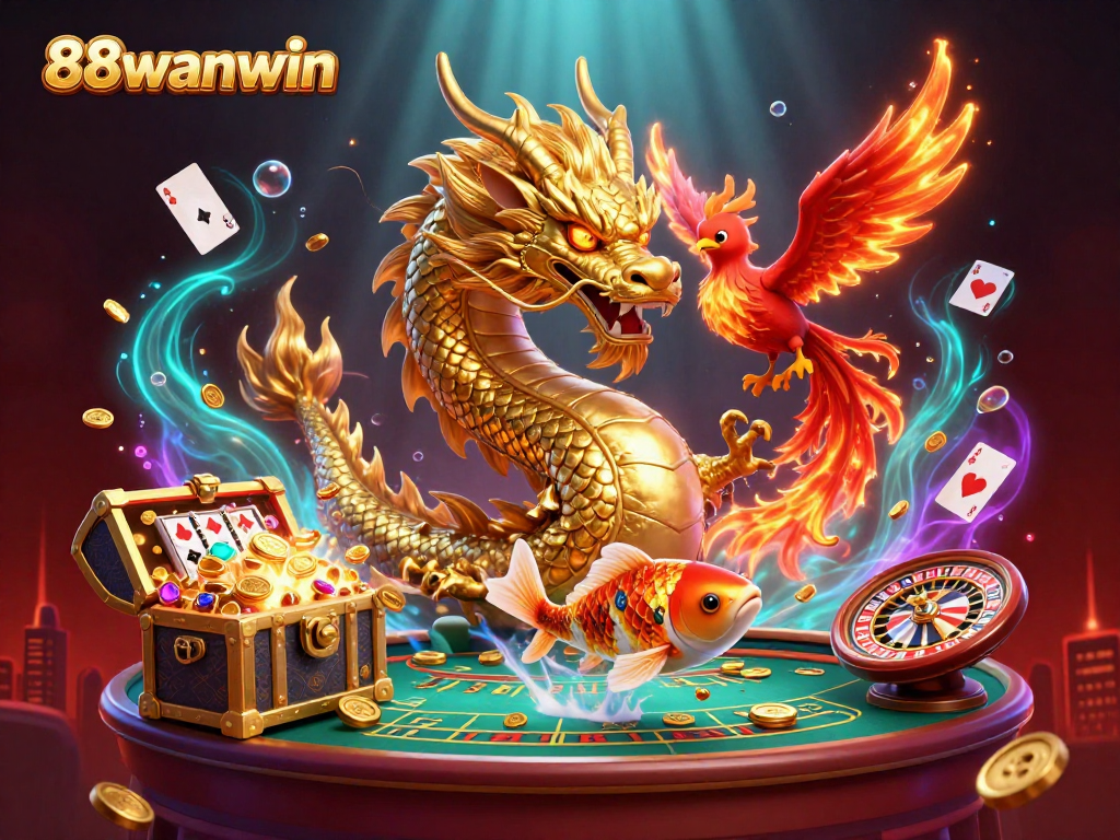 Experience thrilling gaming action at 88wanwin with a vibrant dragon and phoenix amid casino excitement.