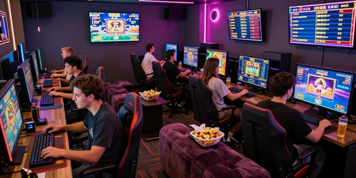 Engaged players enjoying situs slot games in a vibrant online gaming lounge, capturing the community spirit.