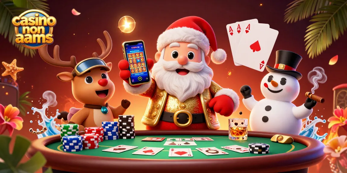 Guarda una scena vivace di casino non aams con Babbo Natale allegro, una renna e un pupazzo di neve circondati da fiche da poker e carte.