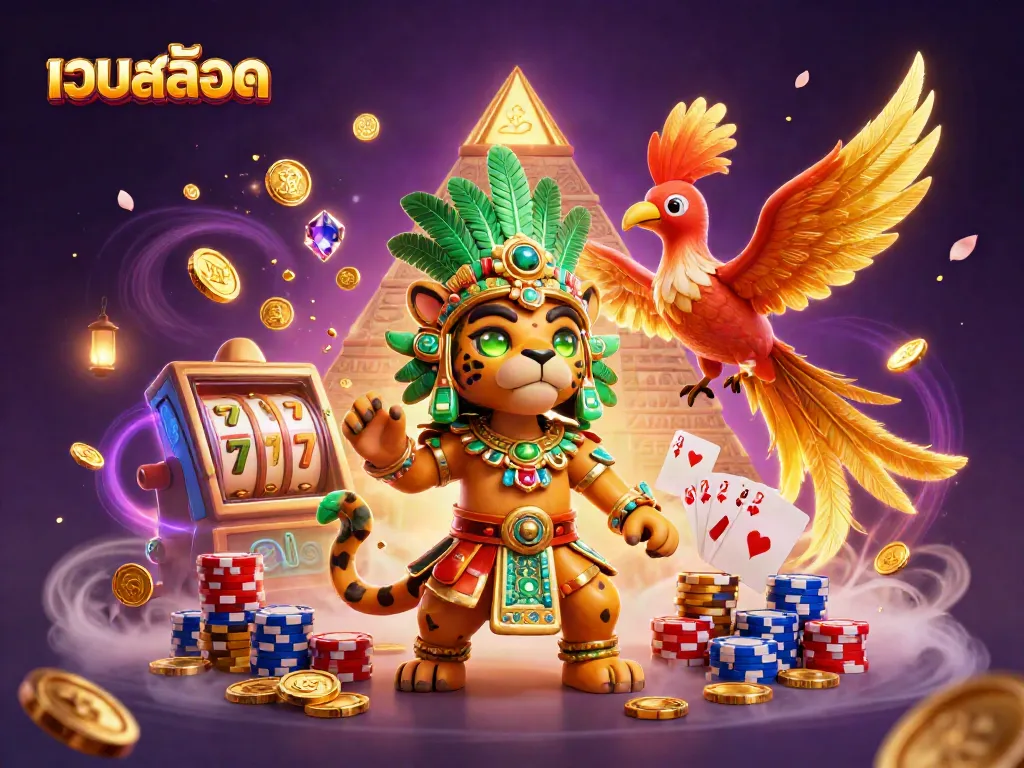 Engage with เว็บสล็อต on a vibrant 3D illustration featuring a jaguar priest and treasure elements.