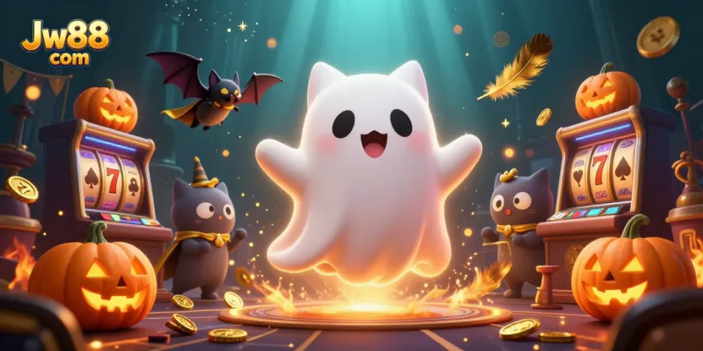 Engage in thrilling gameplay at Jw88 com with a ghost cat and vampire bat in a haunted casino.
