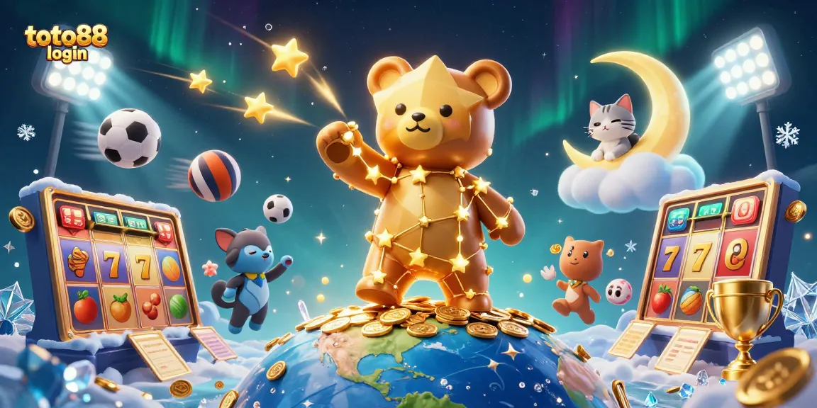 Experience winning excitement with toto88 login as a 3D constellation bear scoops coins from Earth.