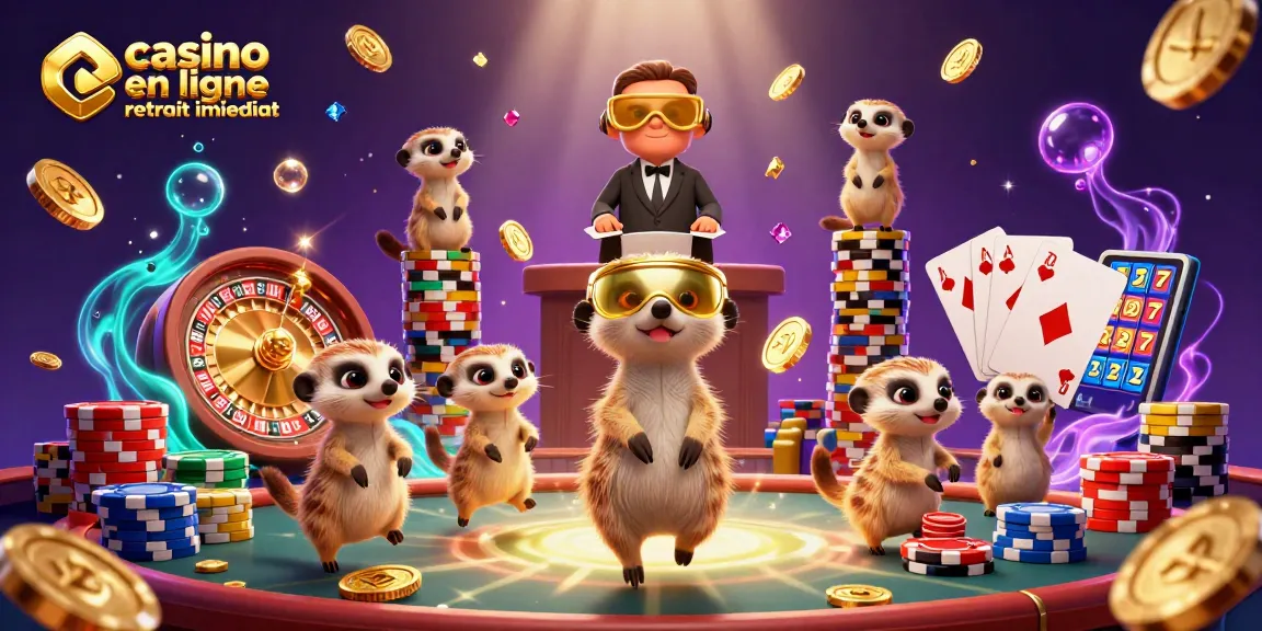 Profitez d'un casino en ligne retrait immédiat avec des meerkats animés gérant des jeux et des jetons.