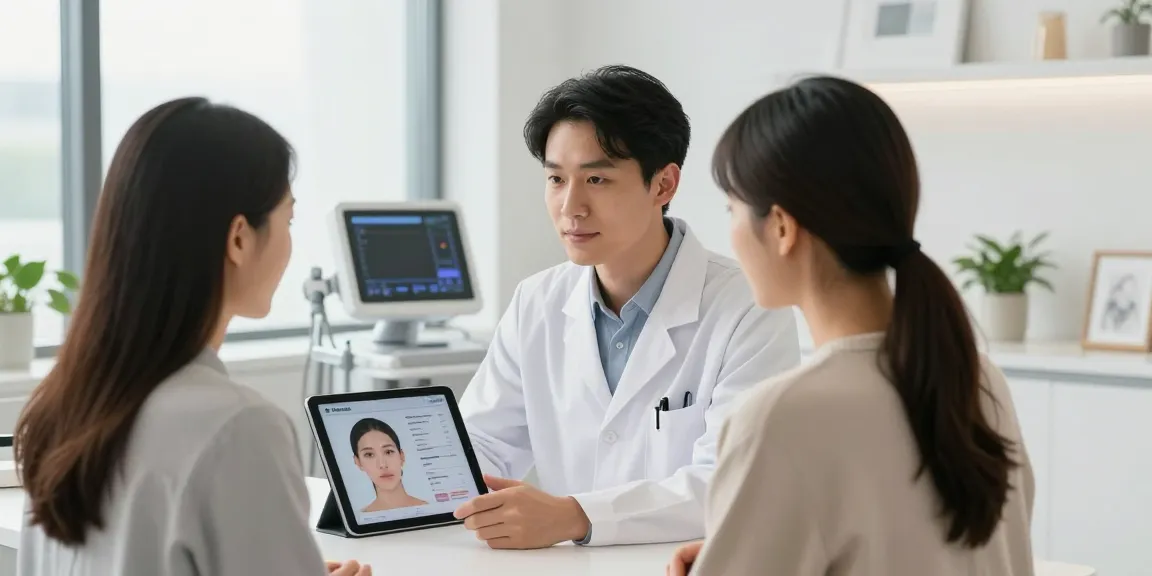 In-depth consultation on ClinicEvo vs QOVES facial analysis results in a modern clinic setting.