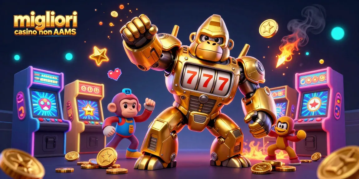 Migliori casino non AAMS: scoprire un gorilla mech dorato in una vivace scena di casinò 3D.