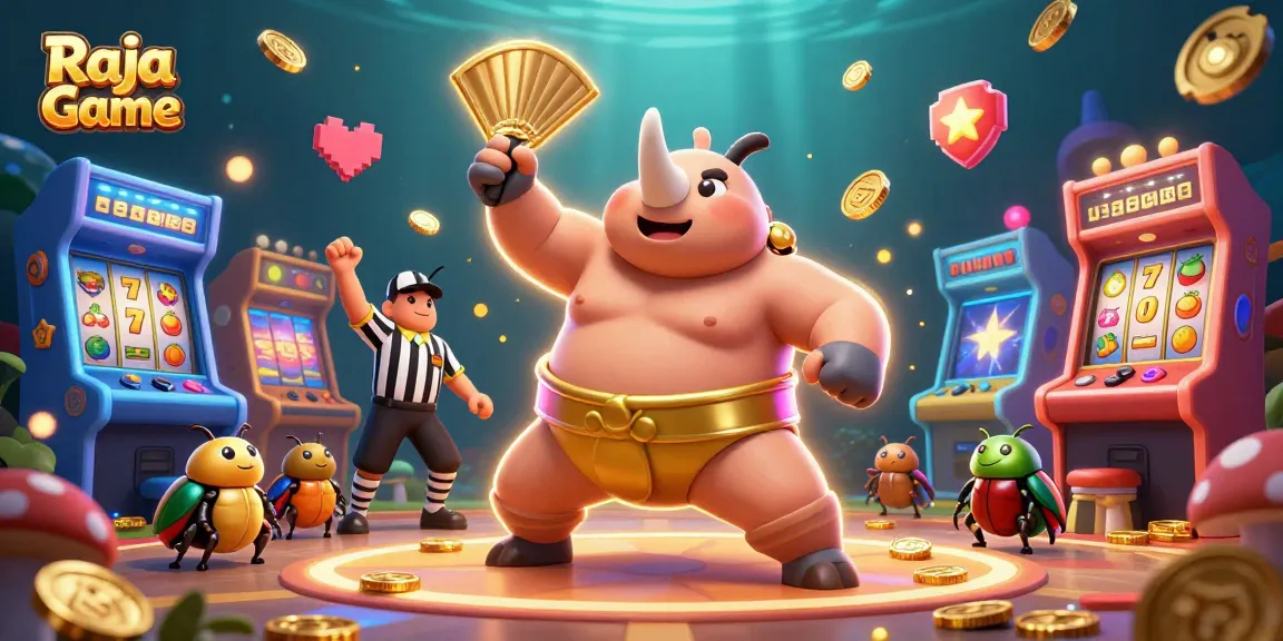 Experience thrilling slot gameplay with Raja Game as a champion beetle stomps coins in a vibrant arcade.