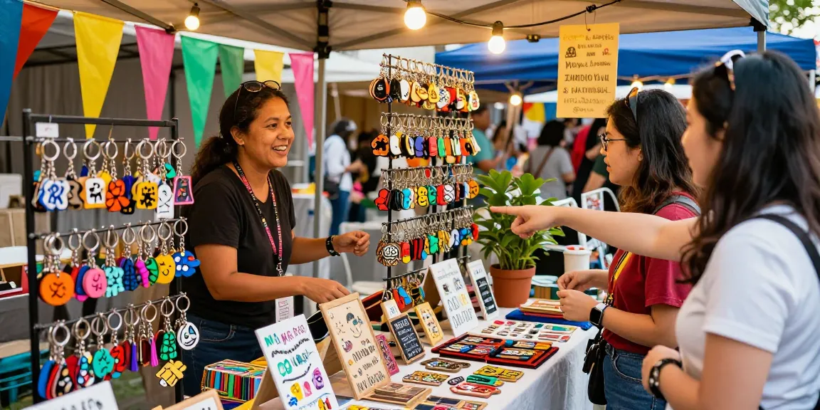 Shopper exploring personalized keychains at vibrant market stall, colorful designs and custom options.