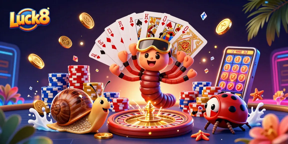 Luck8 illuminates the casino floor as animated characters showcase games, cards, and chips in vibrant action.
