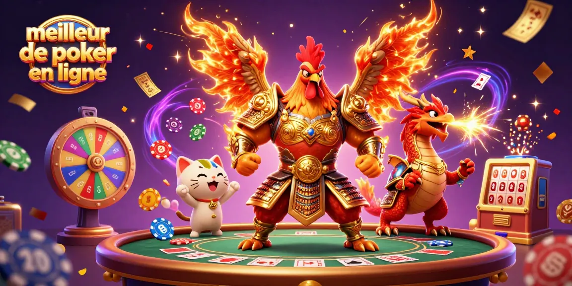 Meilleur site de poker en ligne avec des personnages de combat entourés de jetons colorés et de jeux de chance.
